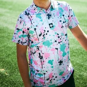 Pins & Aces Multicolor Paint Splatter Golf Polo Shirt Size XL All Over Print